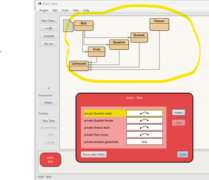 Klassen (gelb) im Klassendiagramm von BlueJ