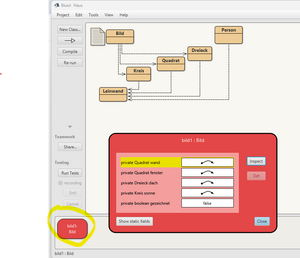 Objektinstanz (rot) auf der Objektleiste in BlueJ